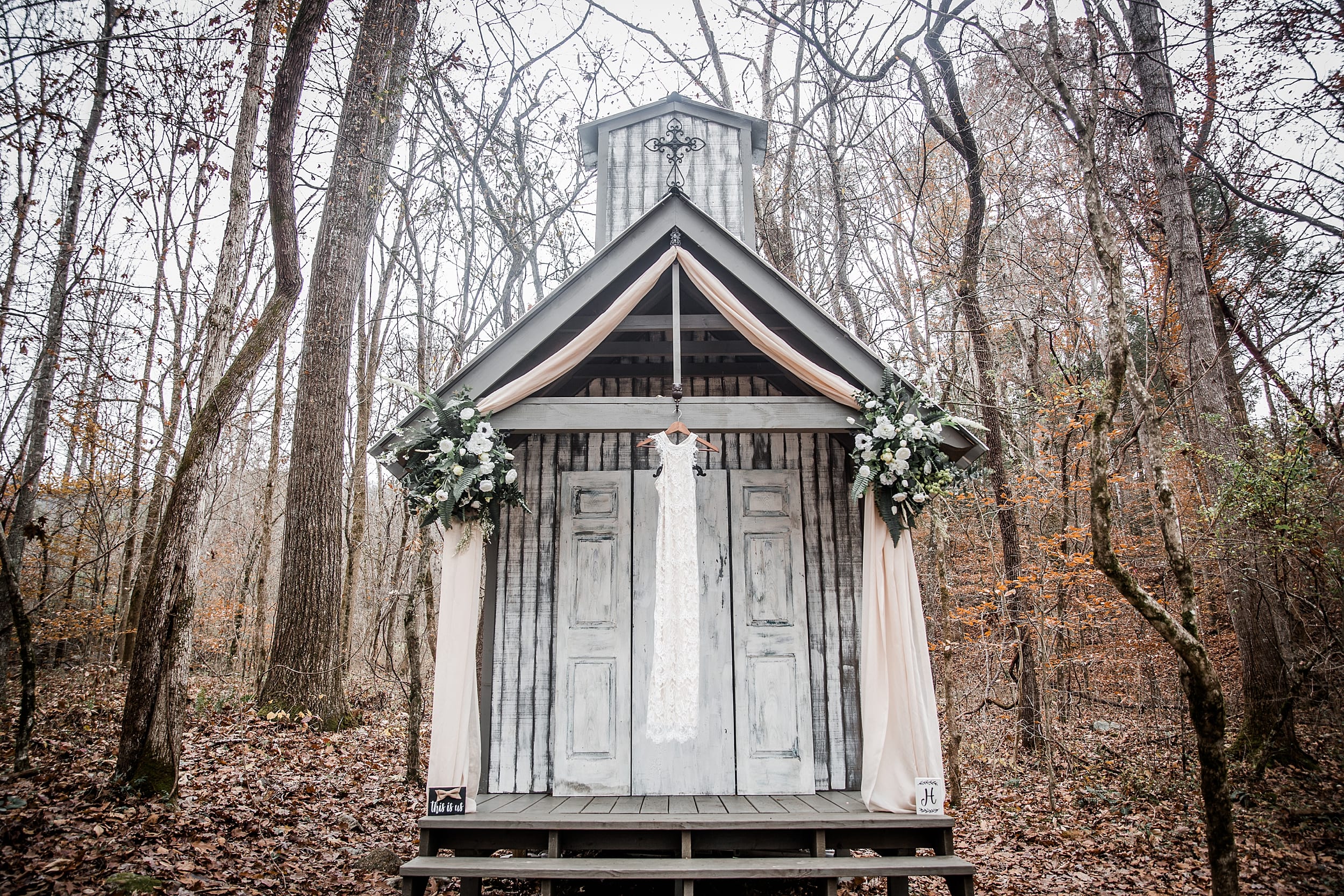Smoky Mountain Micro Wedding Chapel with hanging dress near Gatlinburg, Tennessee