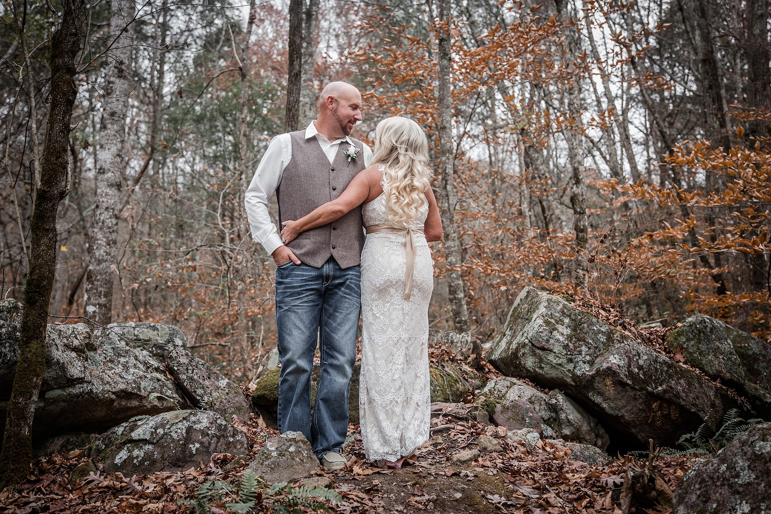 Outdoor bridal portraits at smoky mountain micro wedding location Chapel in the Hollow near Gatlinburg, Tennessee. 