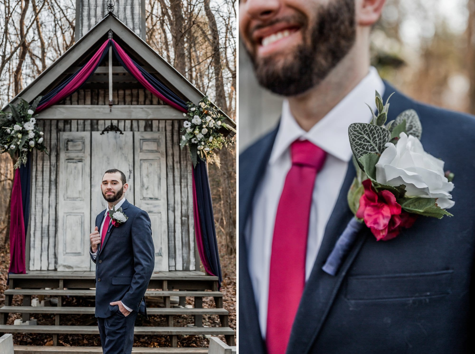 Groom in front of outdoor chapel getting married in the Smoky Mountains.