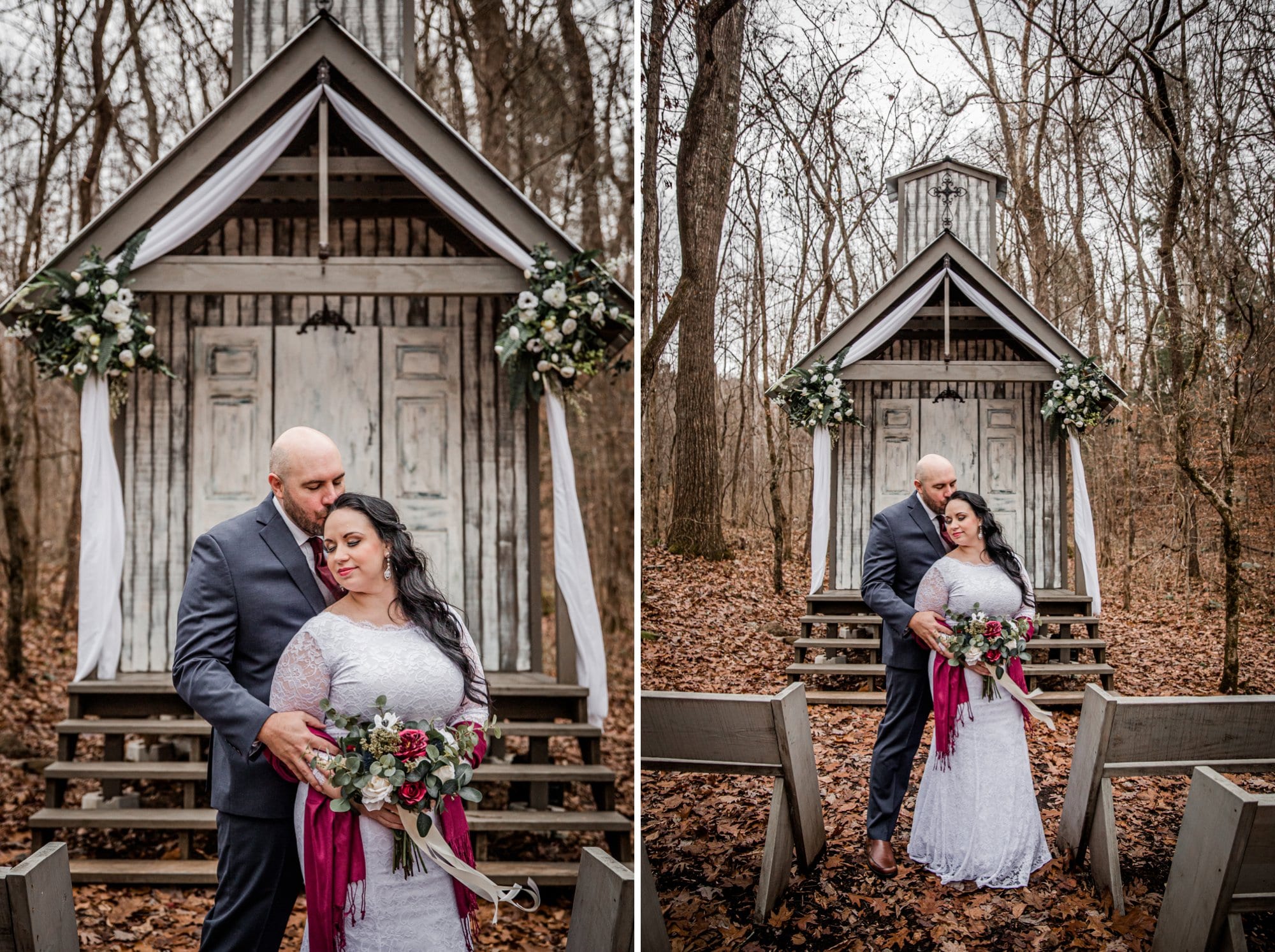 Bride and Groom portraits at outdoor wedding in front of wedding chapel at a Gatlinburg Elopement. 