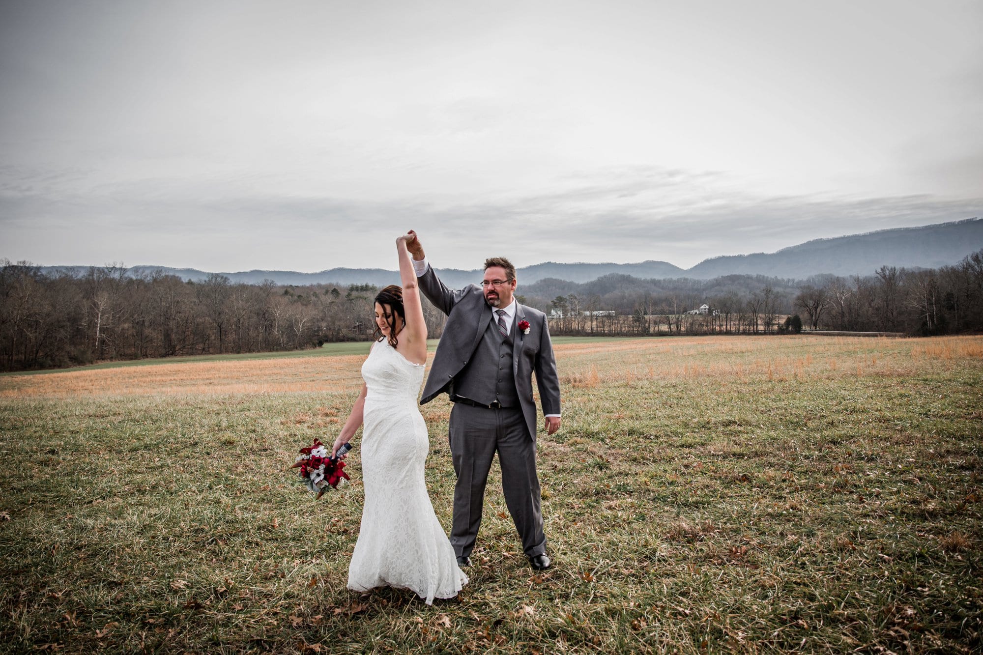 Dancing in front of the mountains at smoky mountain wedding