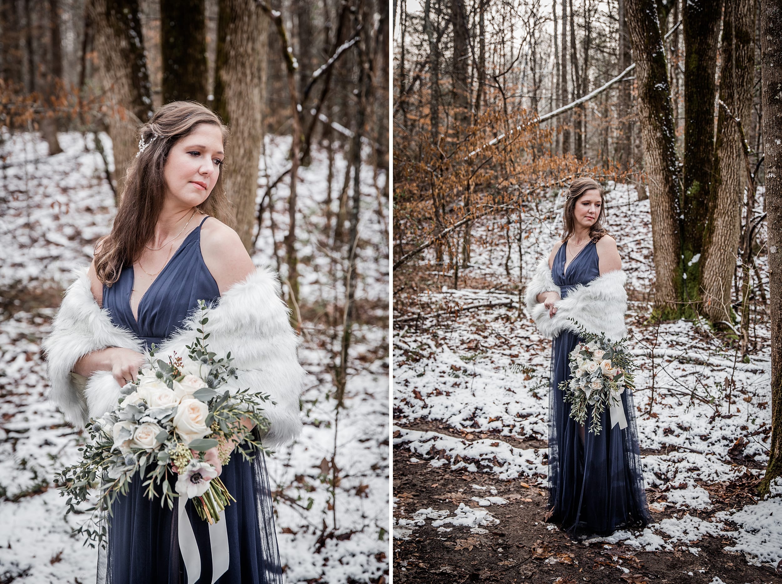 Bride holding bouquet in snow