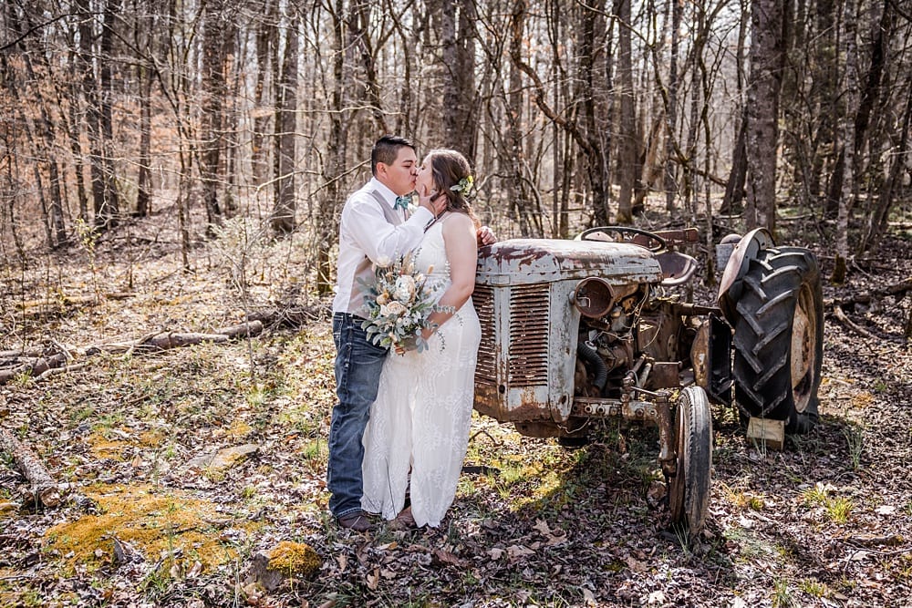rustic early spring wedding with tractor