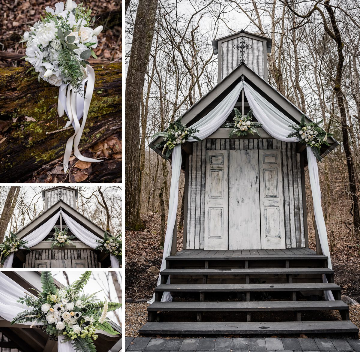 white wedding chapel florals