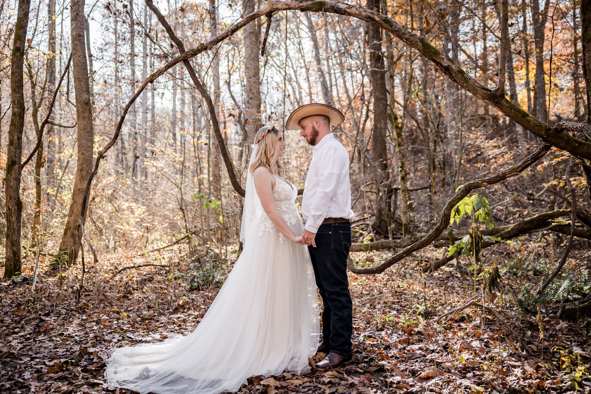 Fall Forest Bride and Groom Portrait