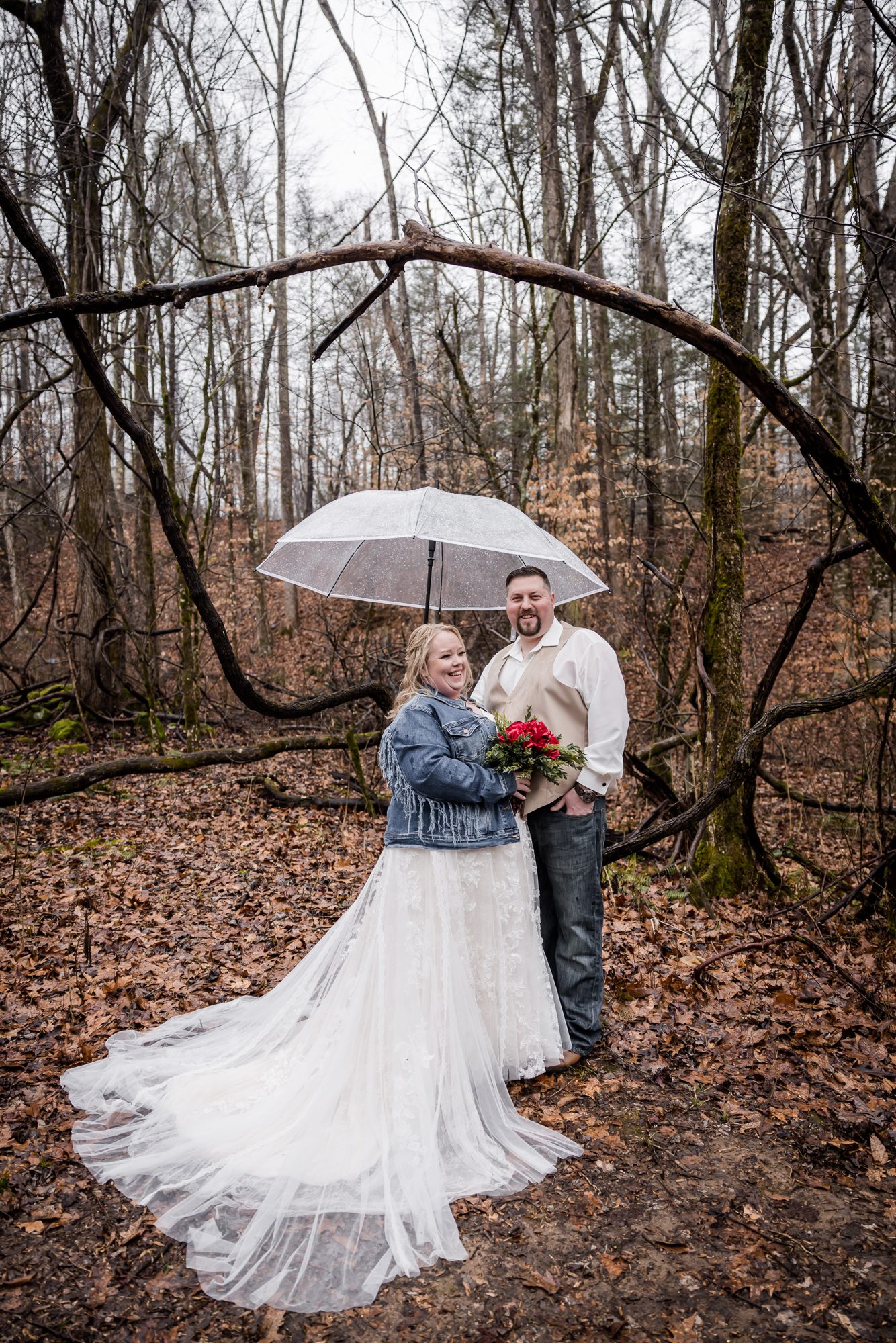 Outdoor rainy Bride and Groom Portrait