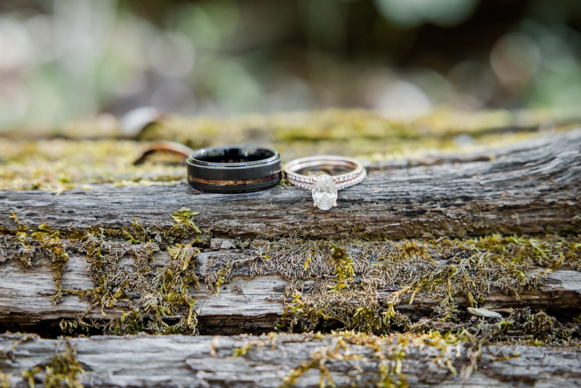 Wedding Rings on mossy log