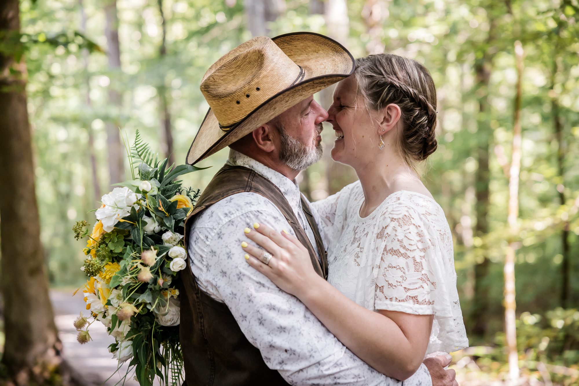 forest bride and groom portrait