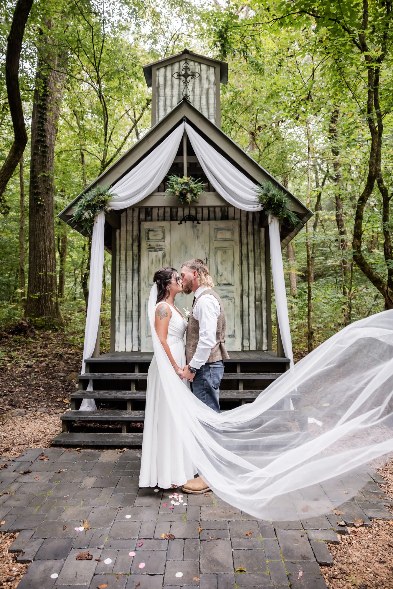Forest Bride and Groom Veil Portrait