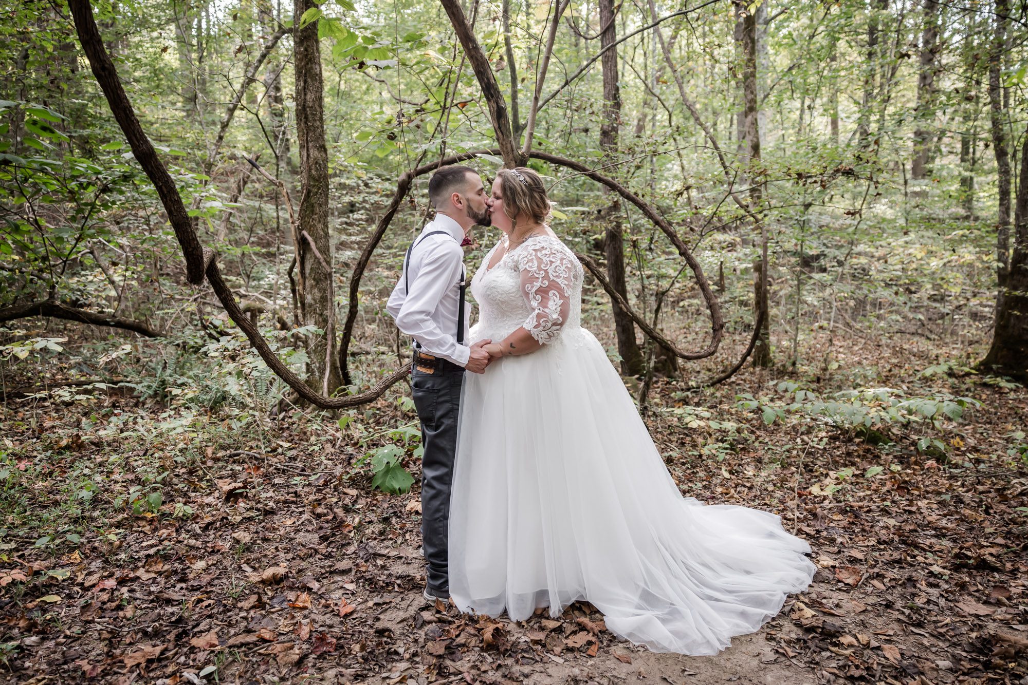 Woodsy bride and groom portrait