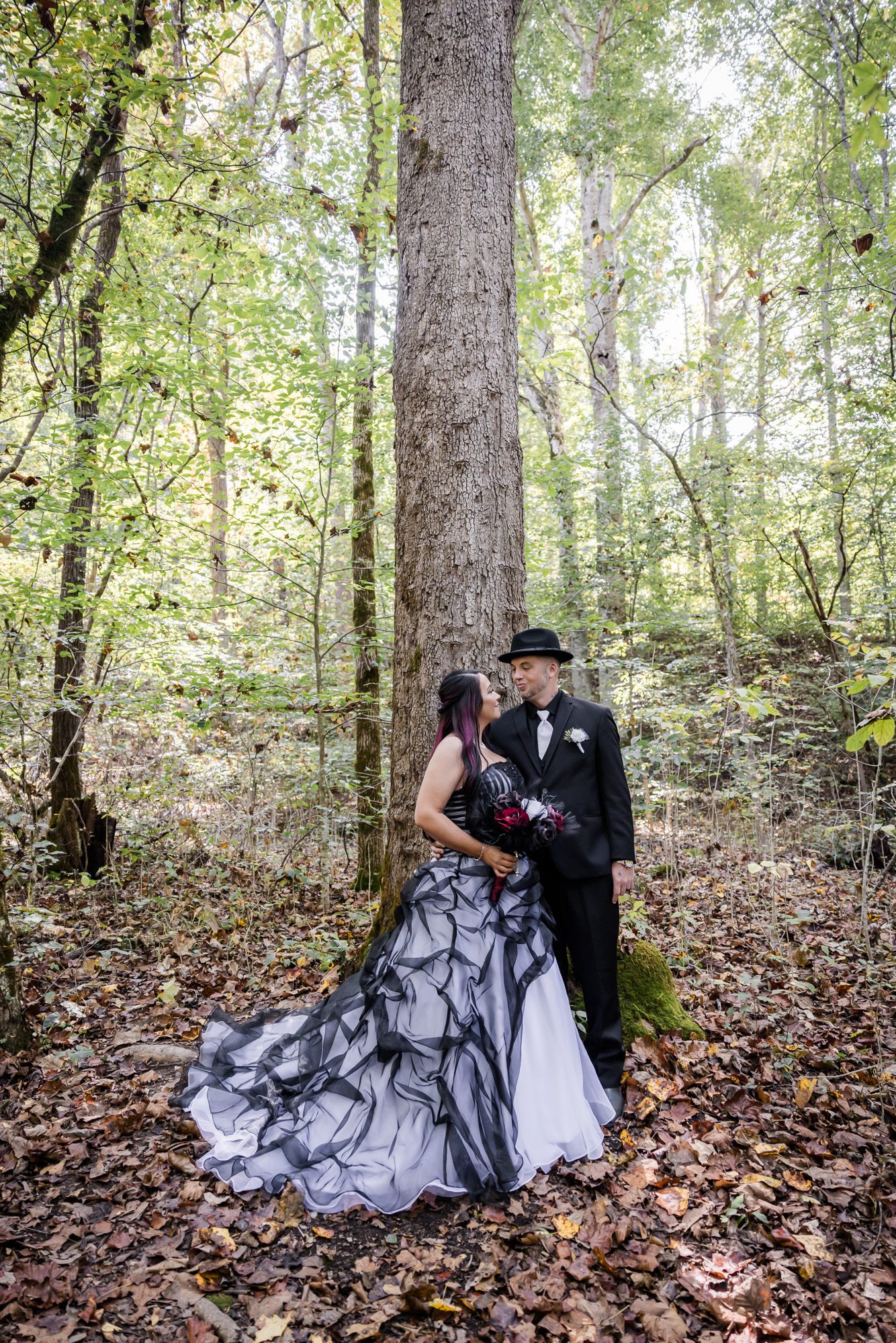 Woodsy bride and groom portrait
