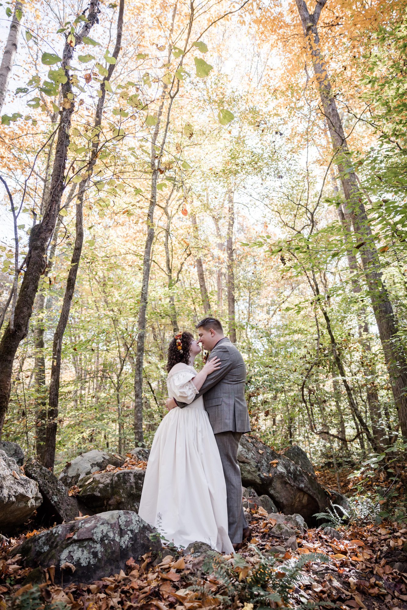 Woodsy bride and groom portrait