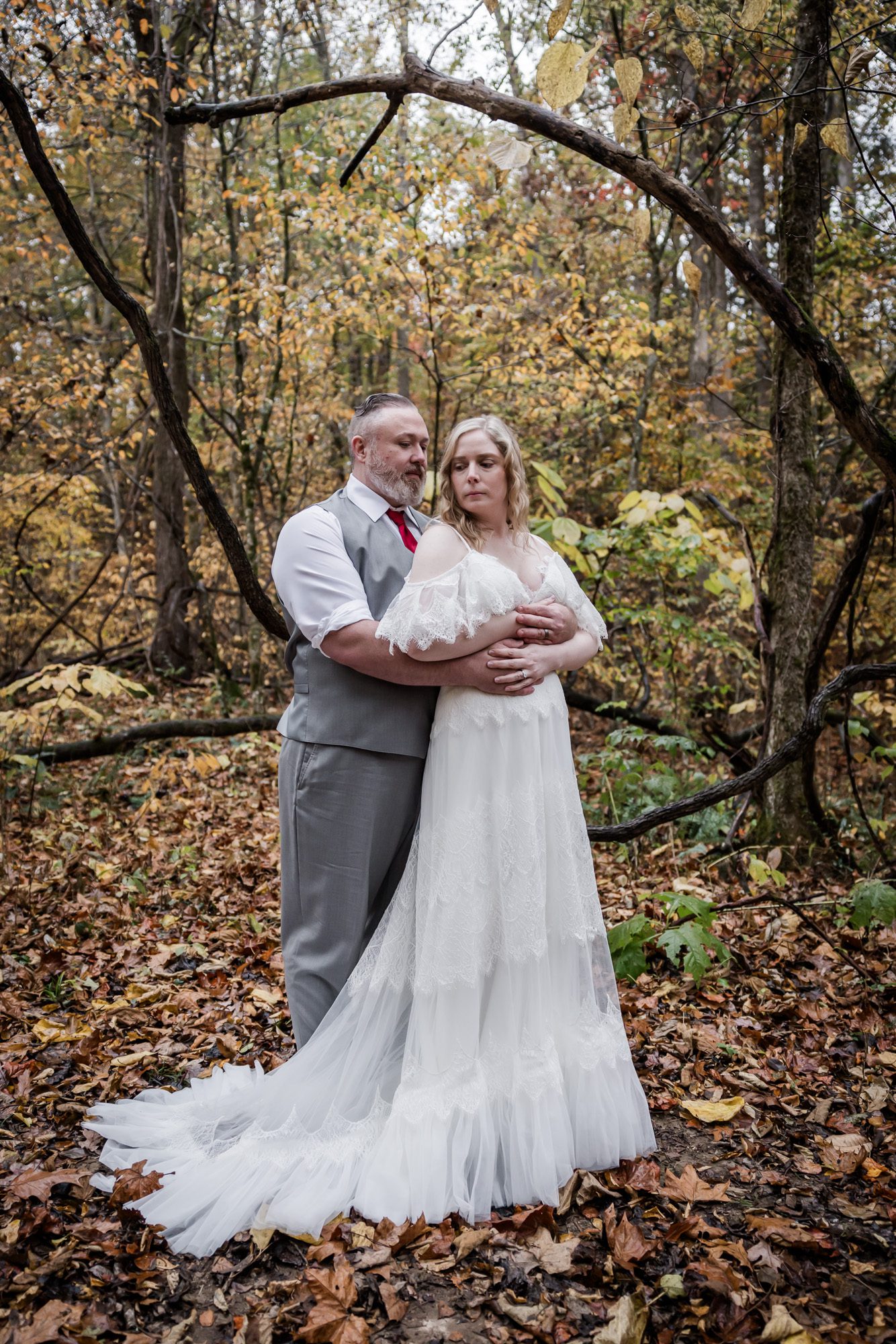 woodsy bride and groom portrait