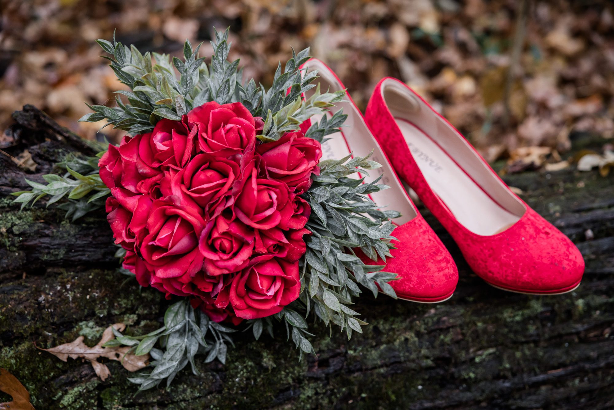 Red rose bouquet and shoes