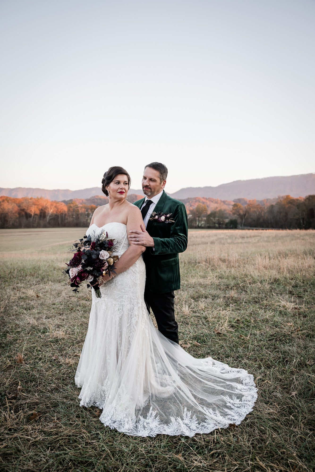 Fall evening bride and groom portrait