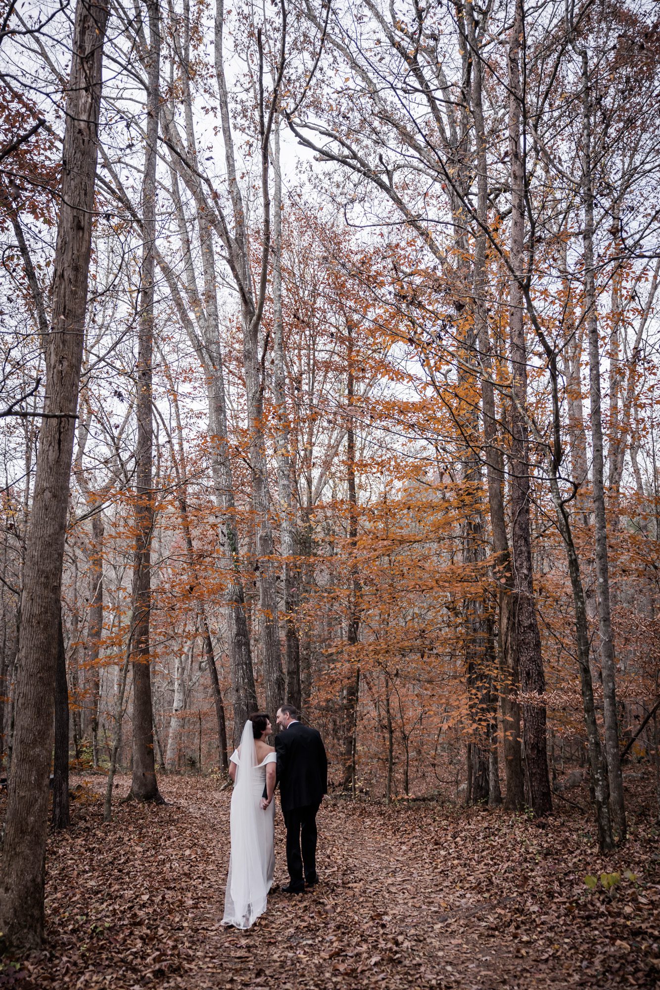 into the woods bride and groom portrait