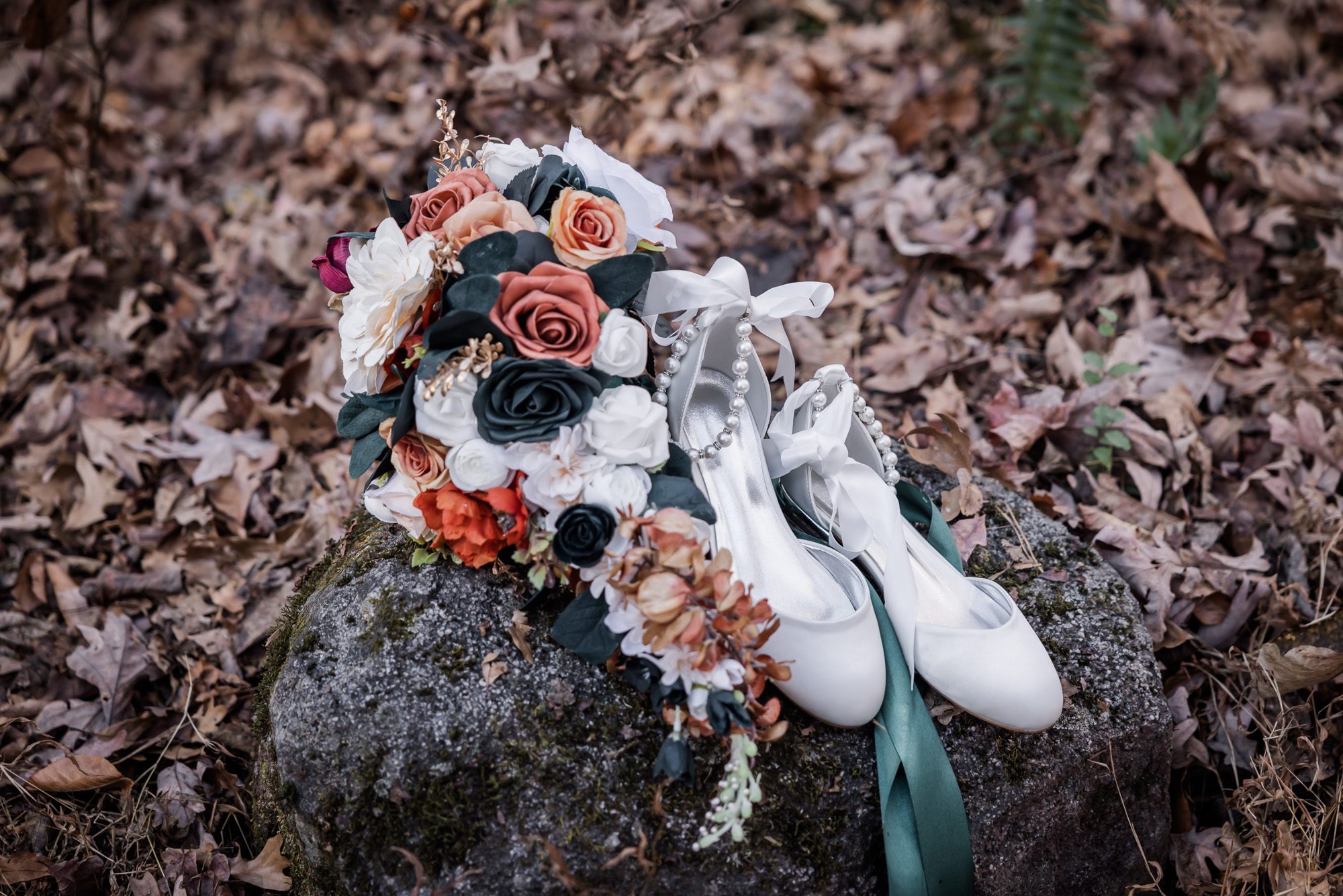 Flat wedding shoes and fall bouquet