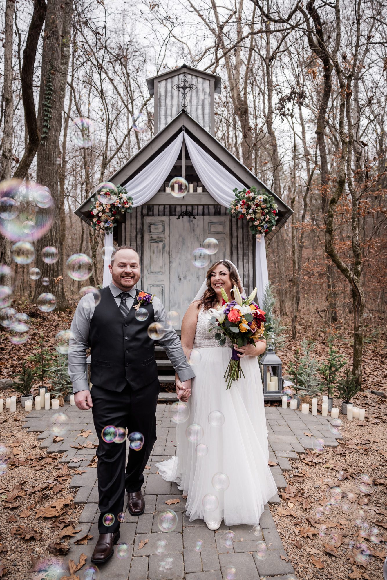 bride and groom portrait with Bubbles 