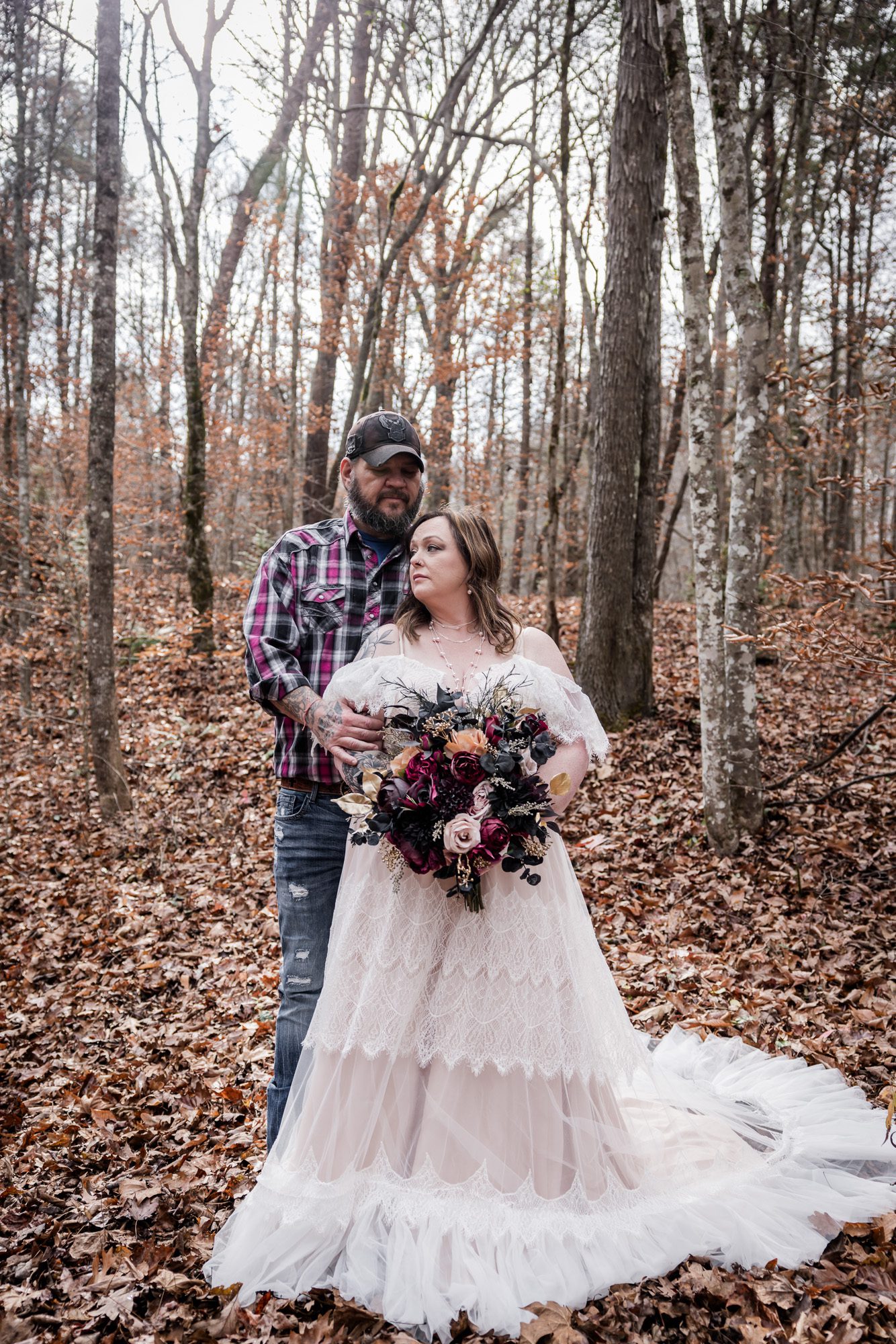 Woodsy bride and groom portrait