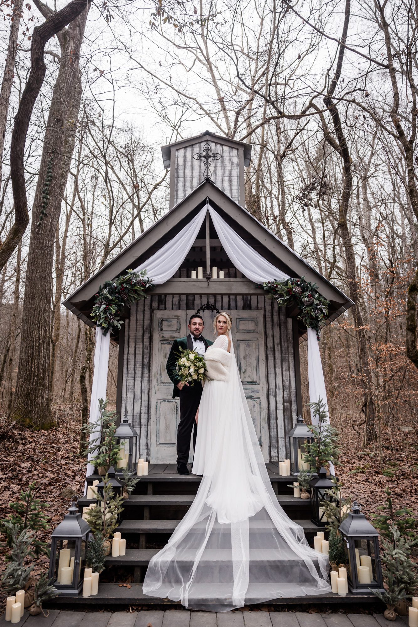 Cathedral Veil Bride and groom portrait