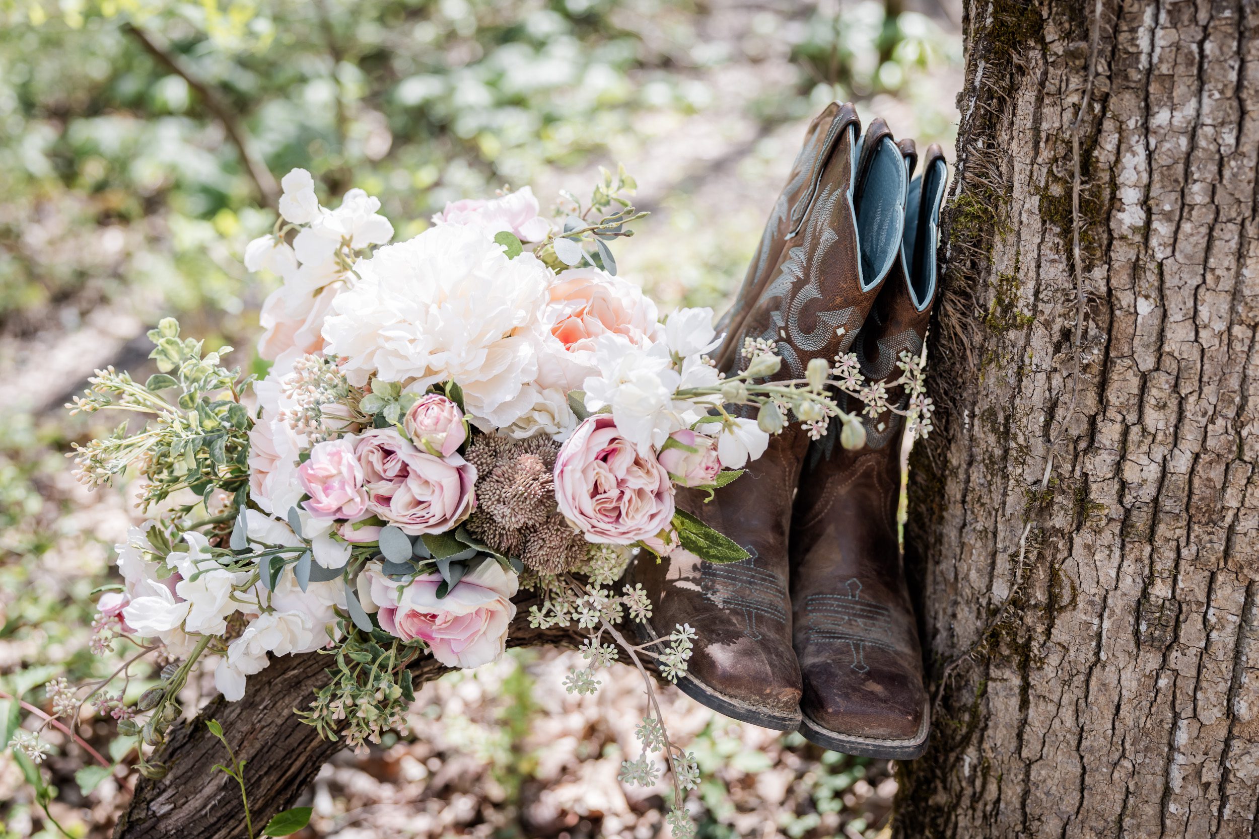 boots and pink bouquet