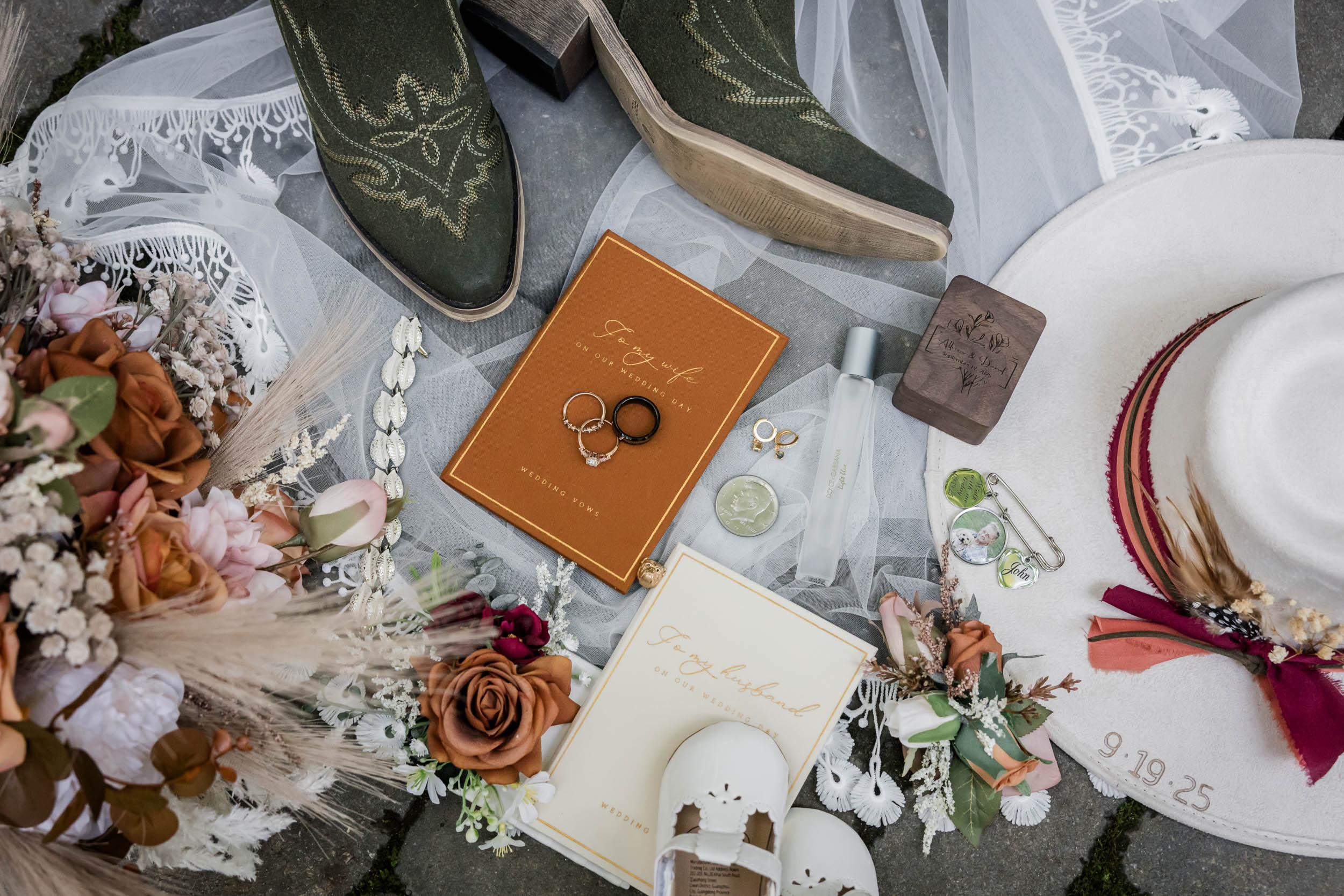 Wedding Rings, Baby Shoes, Wedding Hat, Wedding Boots, Wedding Bouquet 