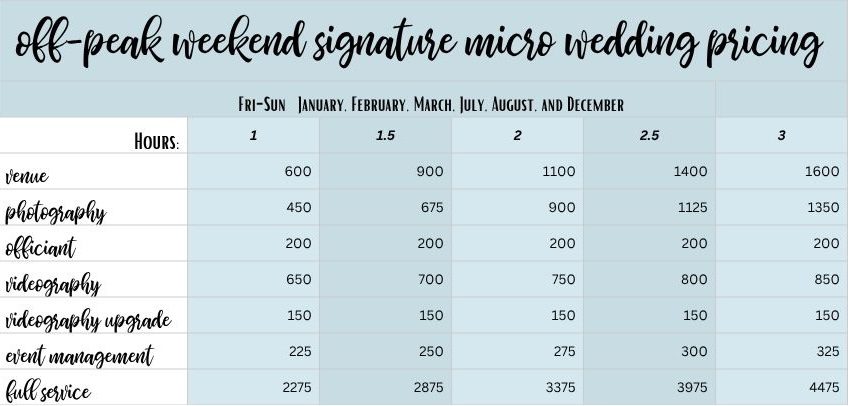off peak signature micro wedding pricing